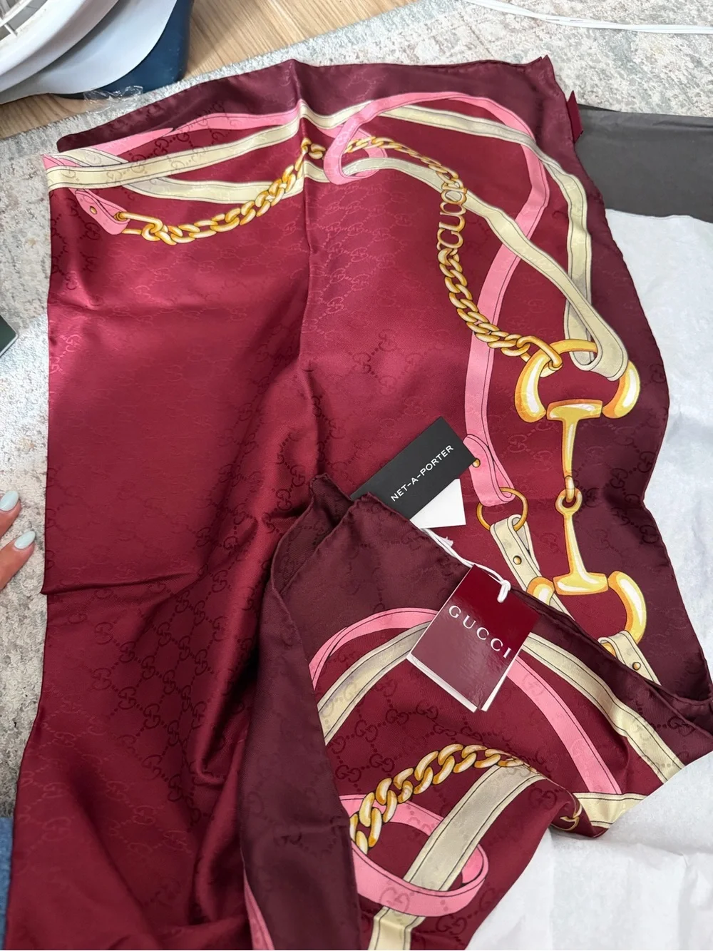 Gucci Burgundy Silk Scarf with Pink & Gold Chain Motif